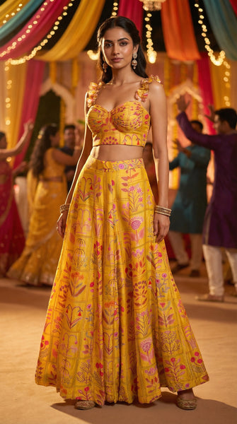 Mustard Floral Yellow Corset with Sharara Pants - S