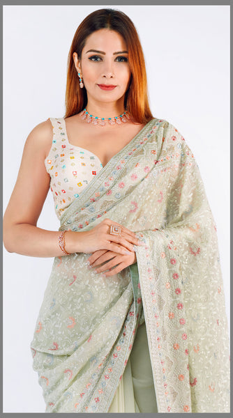 MINT GREEN x DULL PNK Embroidered Flowy Saree