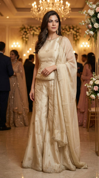 Ivory Embroidery Sharara Pants Set - M