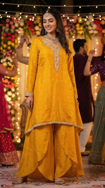 Mustard Yellow Fusion Top with Sharara Pants Set - M