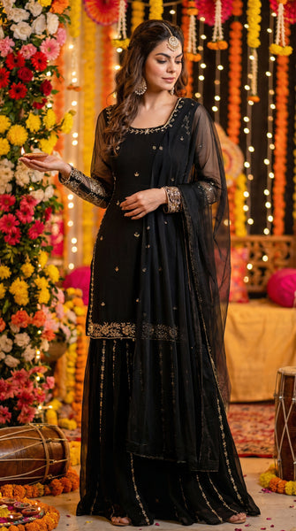 Black Ethnic Embroidery Skirt Set - L