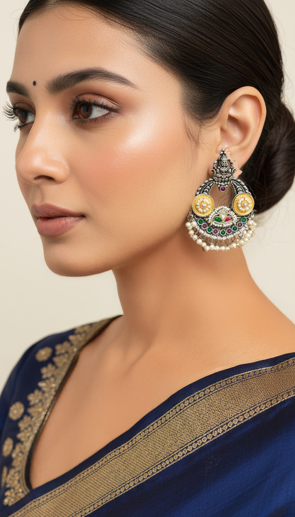 Kundan Oxidised Enamel Chandbali Earrings