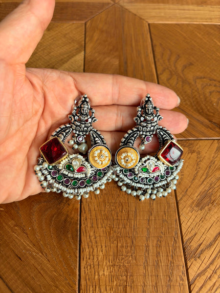 Kundan Oxidised Enamel Chandbali Earrings