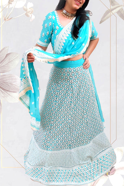 LUCKNOWI Chikankari Firozi  Lehenga set -M/L