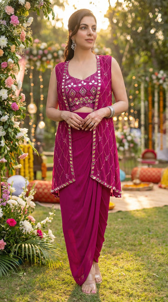 REVA Rani Pink Shell Embroidery Fusion Skirt Set - M