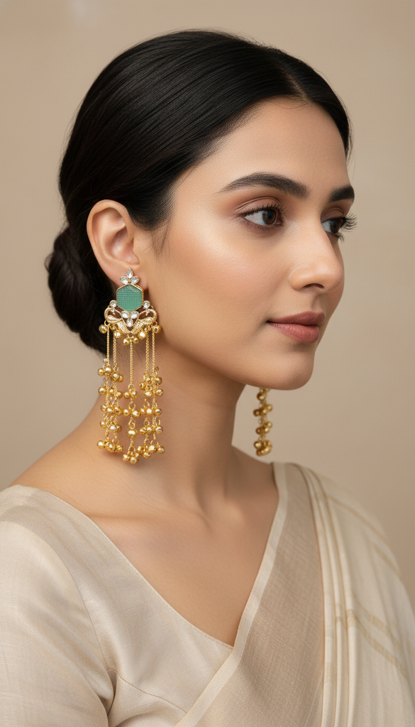 Kashmiri Blue Kundan Long Drop Kashmiri Earrings