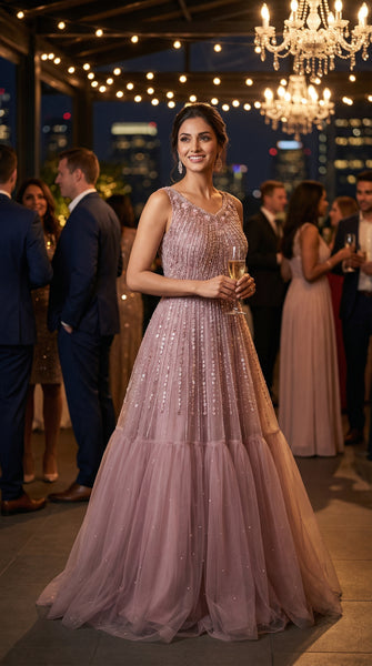 Onion Pink Embroidered Net Gown - L/XL