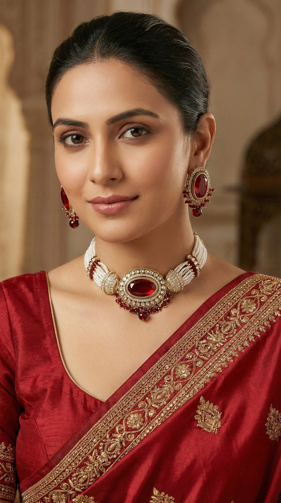 Pearly Red Stone Choker Kundan Necklace Set