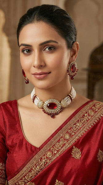 Pearly Red Stone Choker Kundan Necklace Set