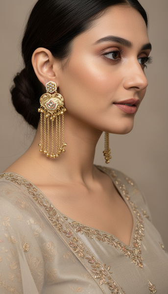 Kashmiri Gold kundan Long Drop Kashmiri Earrings