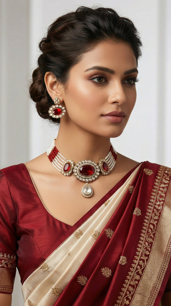 Pearly Red Stone Choker Kundan Necklace Set