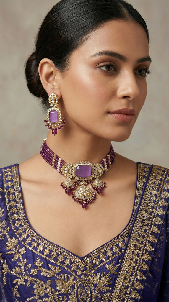 Purple Stone Choker Kundan Necklace Set
