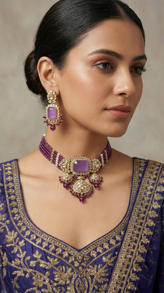 Purple Stone Choker Kundan Necklace Set