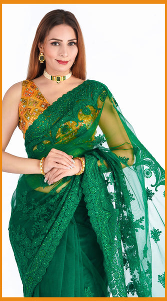 BOTTLE GREEN Embroidered Net Saree