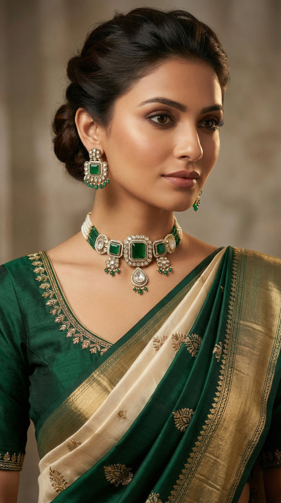 Pearly Green Stone Choker Kundan Necklace Set