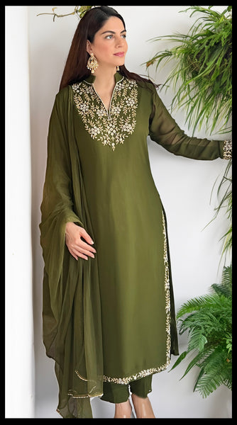 Mehendi Green Embroidered Suit - On Order