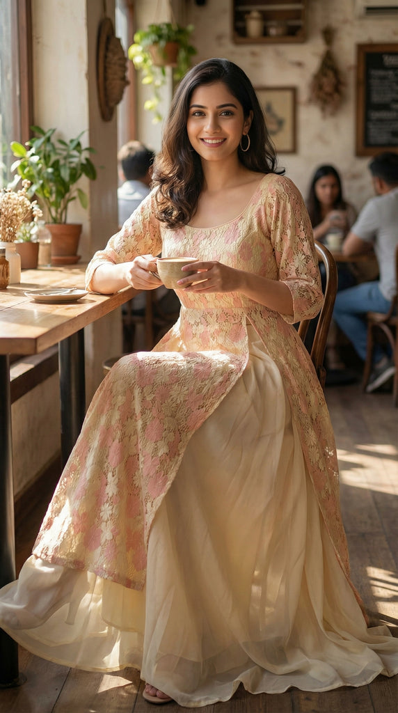 KYRA Cream Peach Lace Palazzo Set - XL