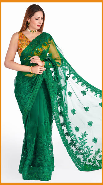 BOTTLE GREEN Embroidered Net Saree