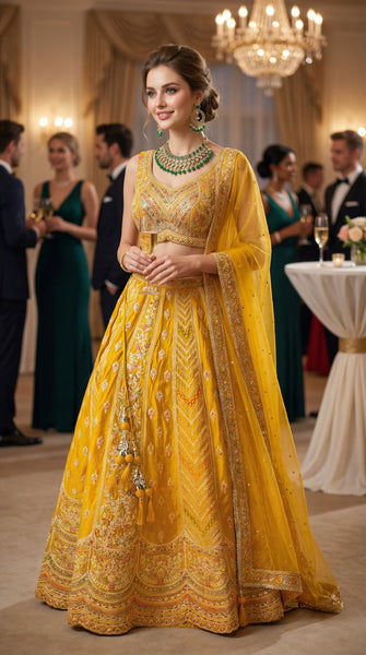 DAZZLE Yellow Sangeet Embroidered Lehenga