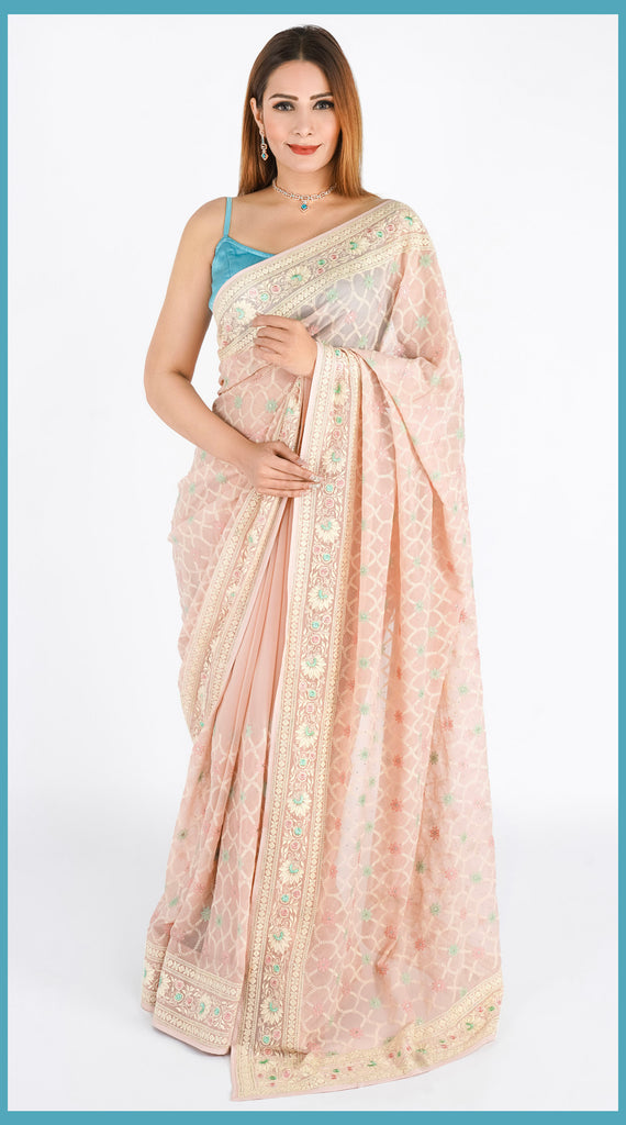 PEACH Embroidered Flowy Saree