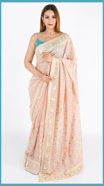 PEACH Embroidered Flowy Saree
