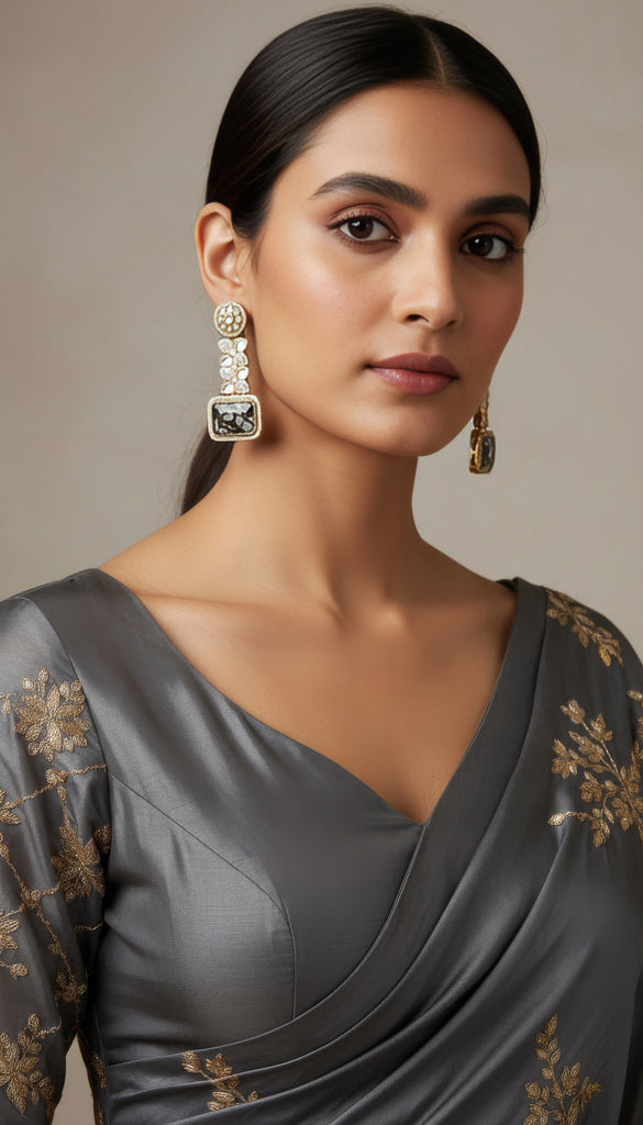 Grey Gold Kundan Lacquered Earrings