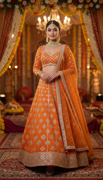 DAZZLE Orange Wedding Embroidered Lehenga
