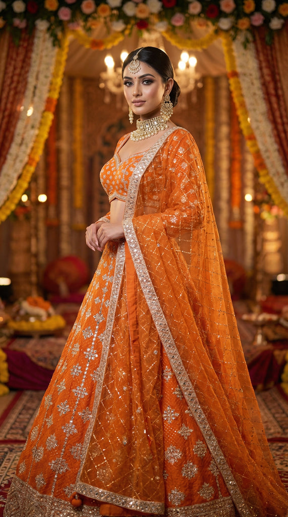 DAZZLE Orange Wedding Embroidered Lehenga