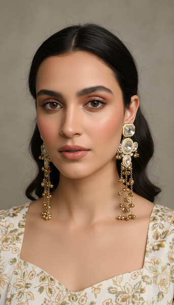 Clear Kundan Long Drop Kashmiri Earrings