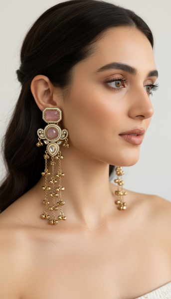 Pink Kundan Long Drop Kashmiri Earrings