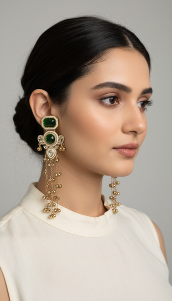 Green Kundan Long Drop Kashmiri Earrings