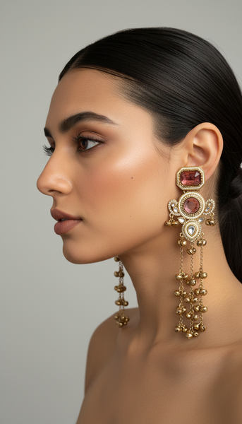 Rose Kundan Long Drop Kashmiri Earrings