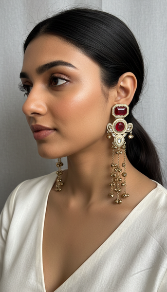 Red Kundan Long Drop Kashmiri Earrings