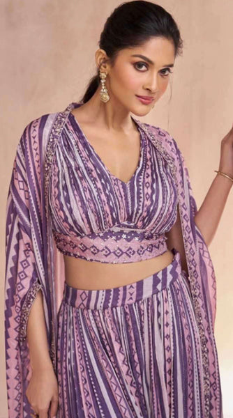 REVA Purple Lilac Jacket Crop Top Palazzo Fusion Set - L/XL