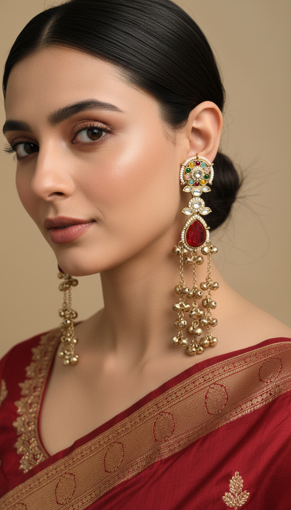 Multi-Coloured Kundan Leaf Long Drop Kashmiri Earrings