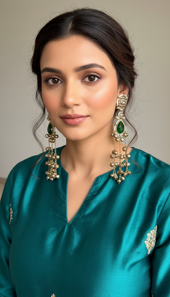 Green Kundan Long Leaf Drop Kashmiri Earrings