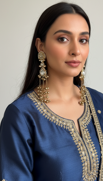 Clear Kundan Long Leaf  Drop Kashmiri Earrings