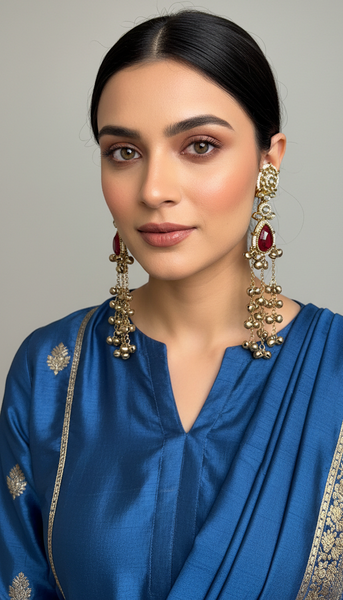 Red Kundan Long Leaf Drop Kashmiri Earrings