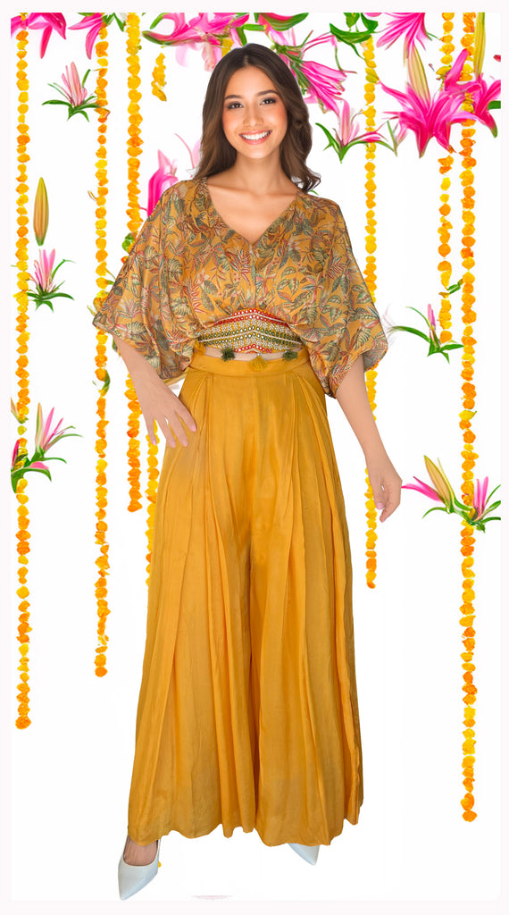 KYRA Mustard Yellow Floral Print Sharara Pants - XL