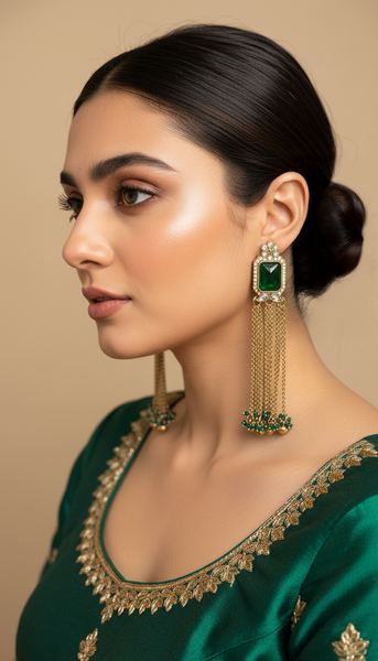 Green Long Drop Chain Earrings