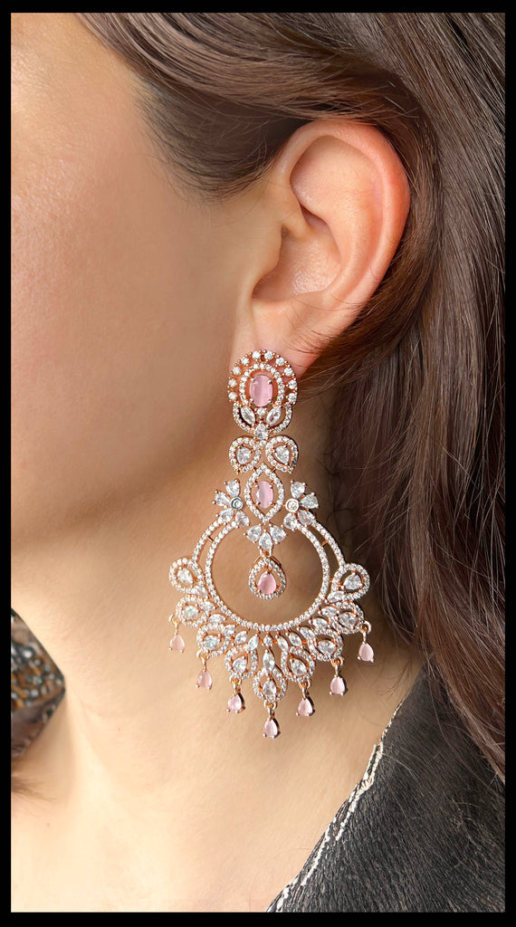 ZARA Grand Pink Rose Gold AD Chandbali Earrings