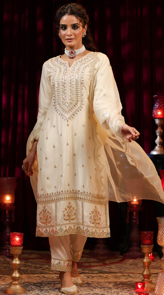 SHISHA Cream Silk Kurta Pants Set - L