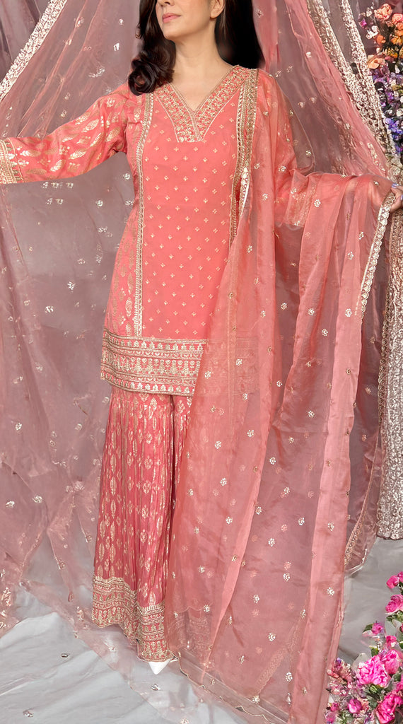 Coral Brocade Gharara Suit  - XL