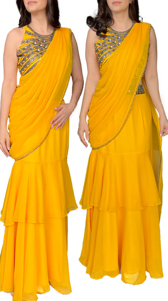 Yellow Halter Embroidered Crop top Fusion Saree Set - M