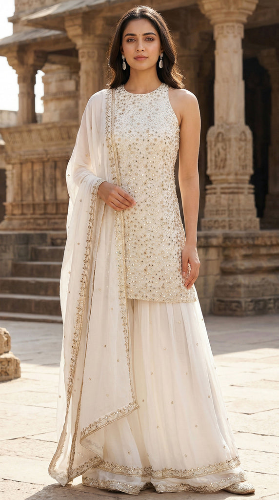 KANAYA Off White Embroidered Sharara Set - M