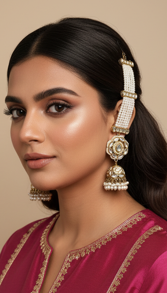 Pear Kundan Jhumkis with Kaan Chain Earrings x  3 Shades