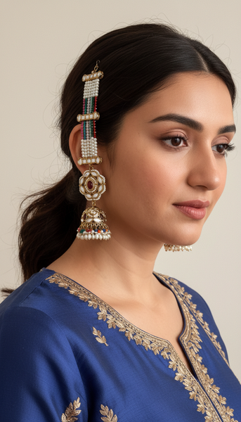 Pear Kundan Jhumkis with Kaan Chain Earrings x  3 Shades