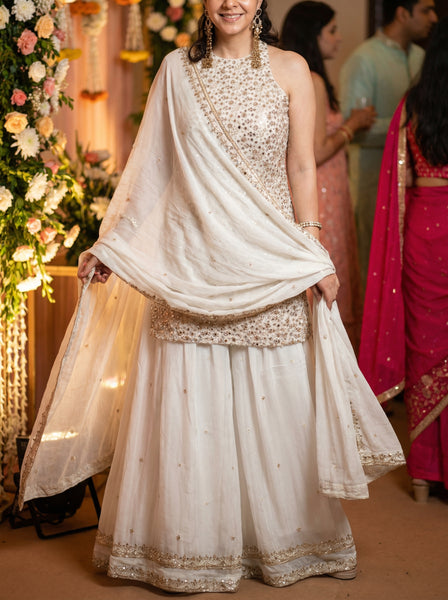 KANAYA Off White Embroidered Sharara Set - M