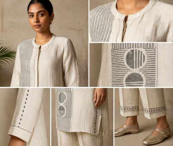 AUREVA Ivory Textured Linen Silk Co-ord Set - M/XL