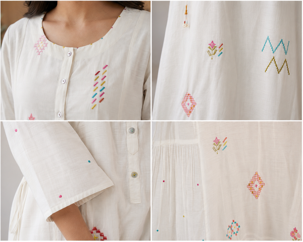 ALORA Ivory Folk Embroidered Midi Dress - M/XL